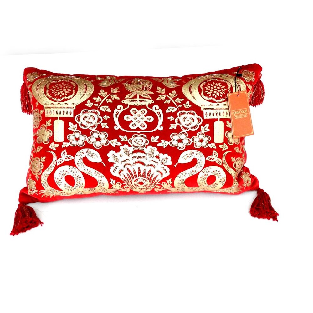 NWT Red Velvet Decorative Rectangle Pillow Gold Snakes Flowers Beaded Tessles